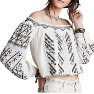 Free People Ivory Peasant Top Black Embroidered NEW